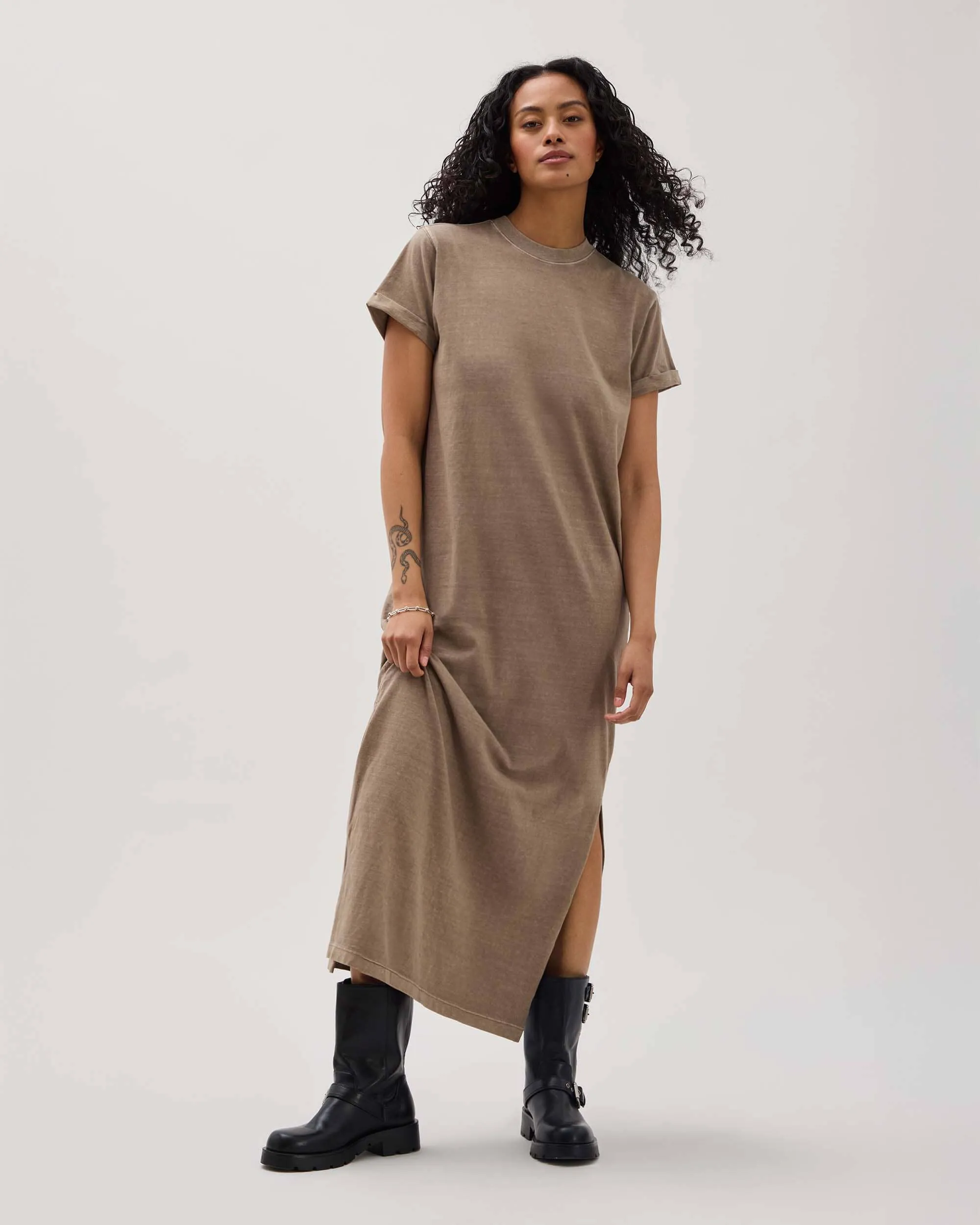 Womens Relaxed Tee Dress - Pigment Dye Jersey - Warm Grey sold by Andie