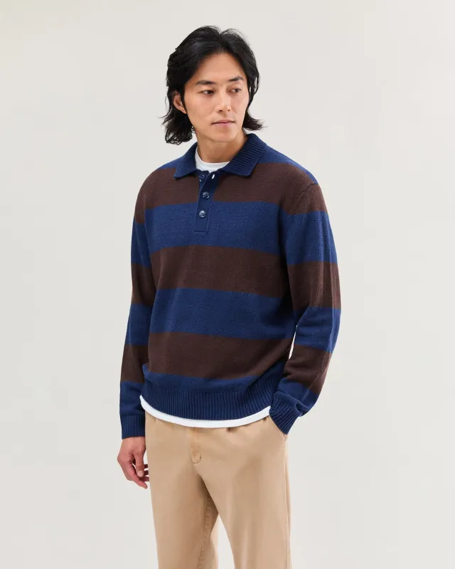 Mens Seth Rugby Sweater - Cotton Sweater Knit - Navy/Brown Stripe made by Richer Poorer