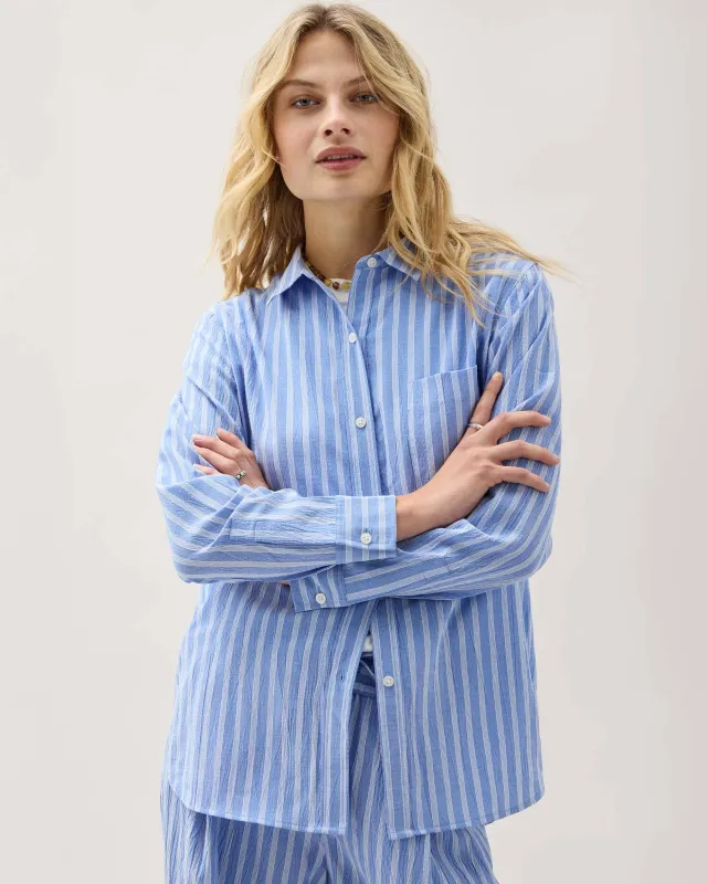 Womens Palermo Button Up - Poly Seer Sucker Stripe - Oxford Blue Stripe made by Richer Poorer
