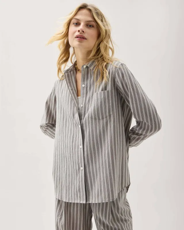Womens Palermo Button Up - Poly Seer Sucker Stripe - Black Stripe sold by Andie