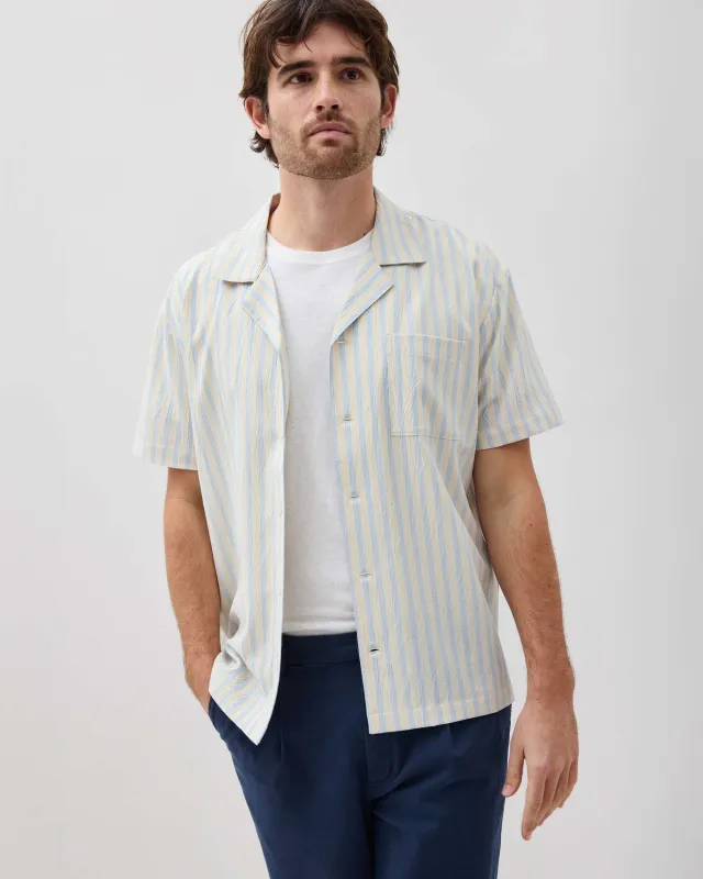 Mens Palermo Short Sleeve Camp Shirt - Poly Seer Sucker Stripe - Vanilla Blue Stripe sold by Andie