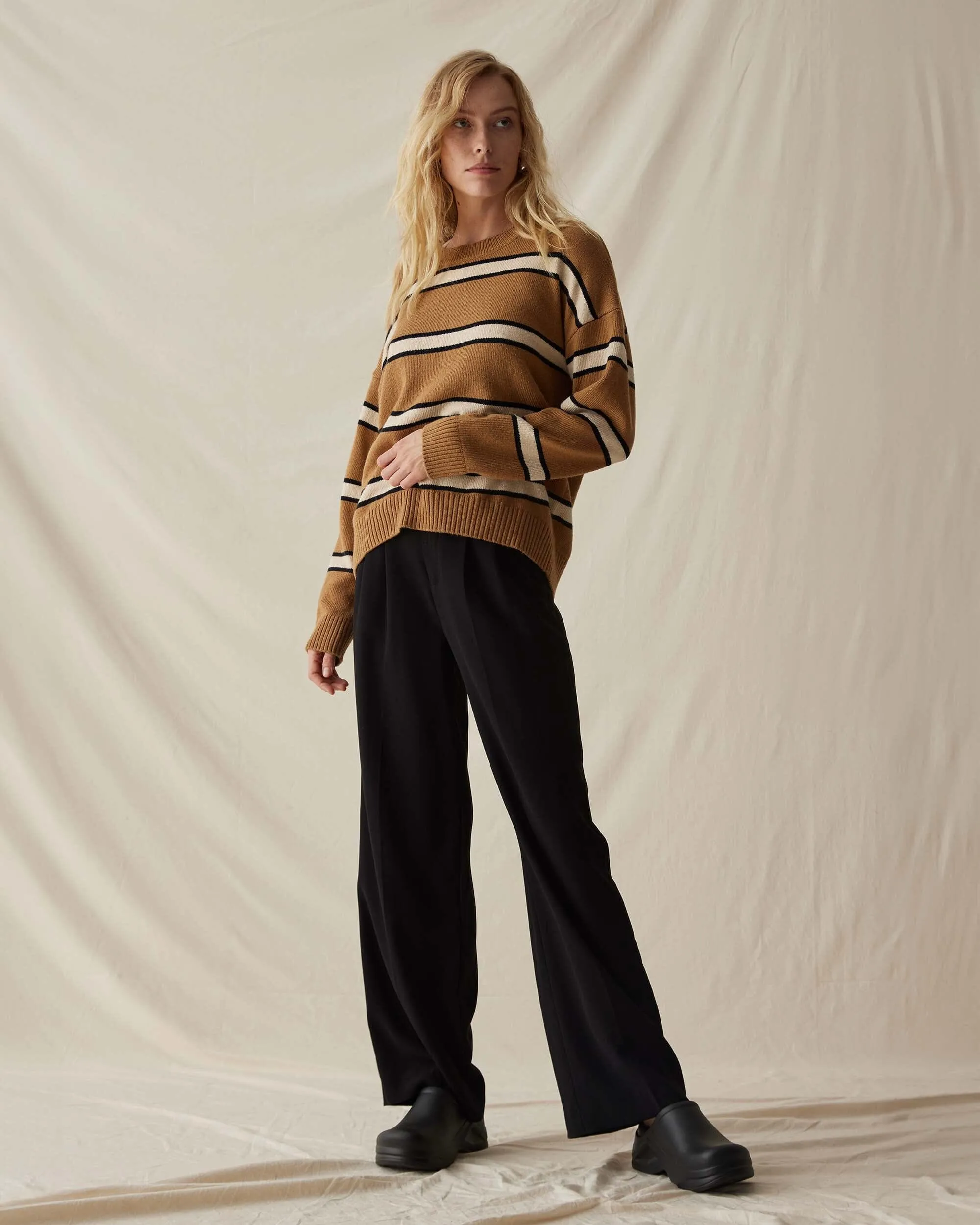 Womens Felicity Lightweight Sweater - Cotton Sweater Knit - Khaki Stripe sold by Andie product image thumbnail 2