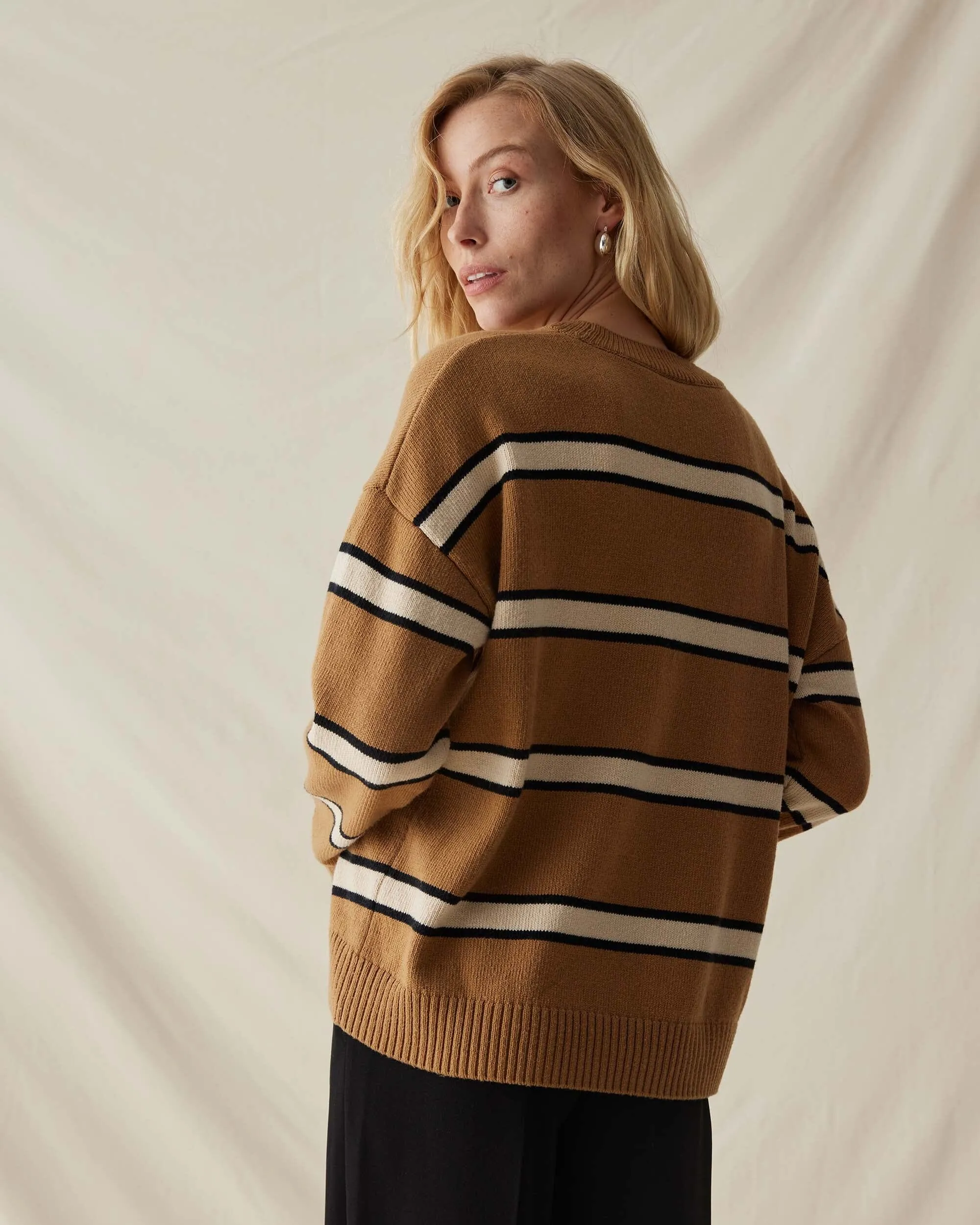 Womens Felicity Lightweight Sweater - Cotton Sweater Knit - Khaki Stripe sold by Andie product image thumbnail 3