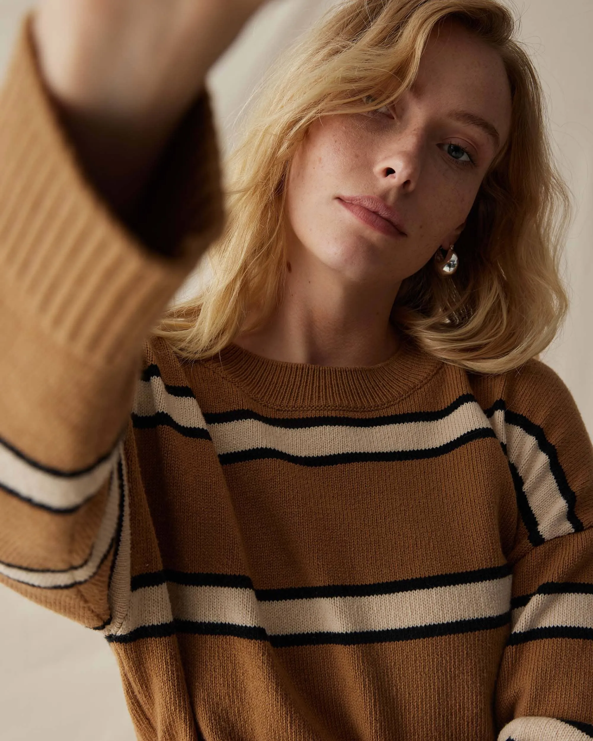 Womens Felicity Lightweight Sweater - Cotton Sweater Knit - Khaki Stripe sold by Andie product image thumbnail 4