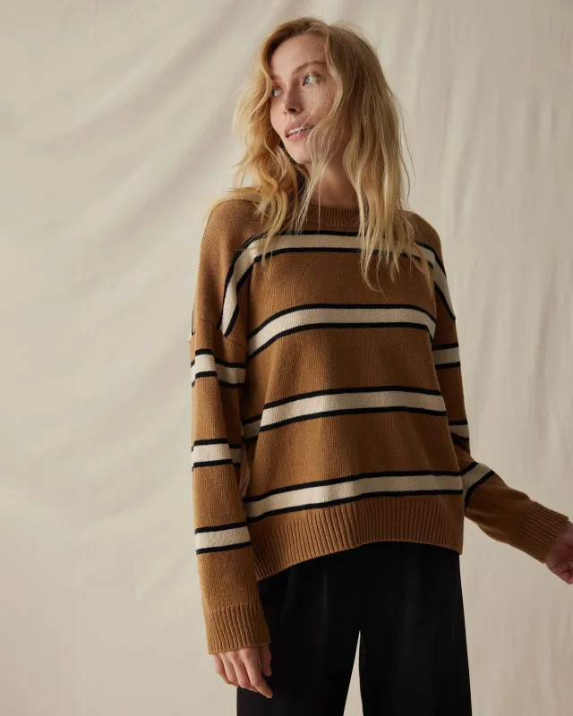 Womens Felicity Lightweight Sweater - Cotton Sweater Knit - Khaki Stripe sold by Andie