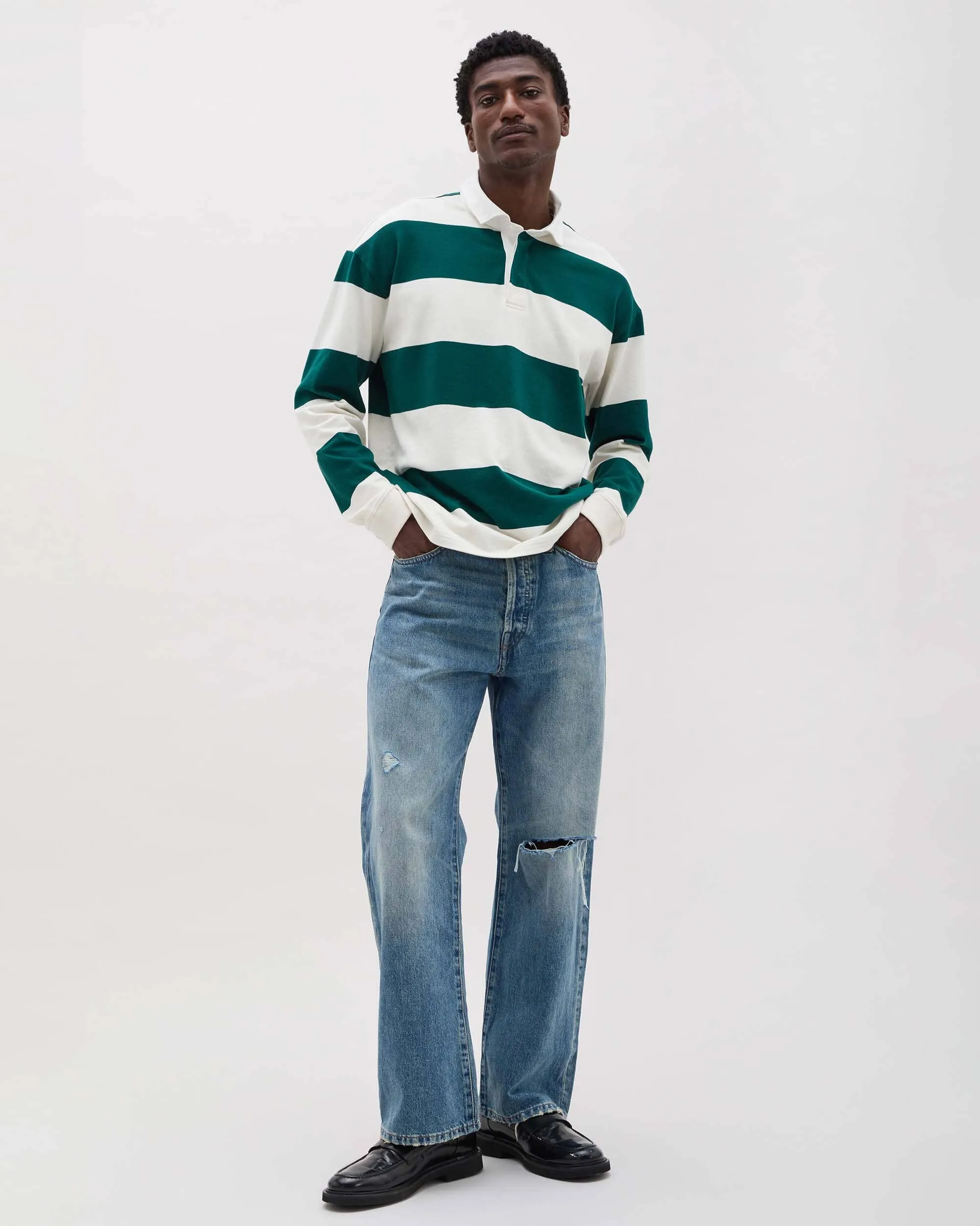 Mens Rugby Polo - Pima Cotton Jersey - Rainforest Bone Stripe sold by Andie product image thumbnail 2