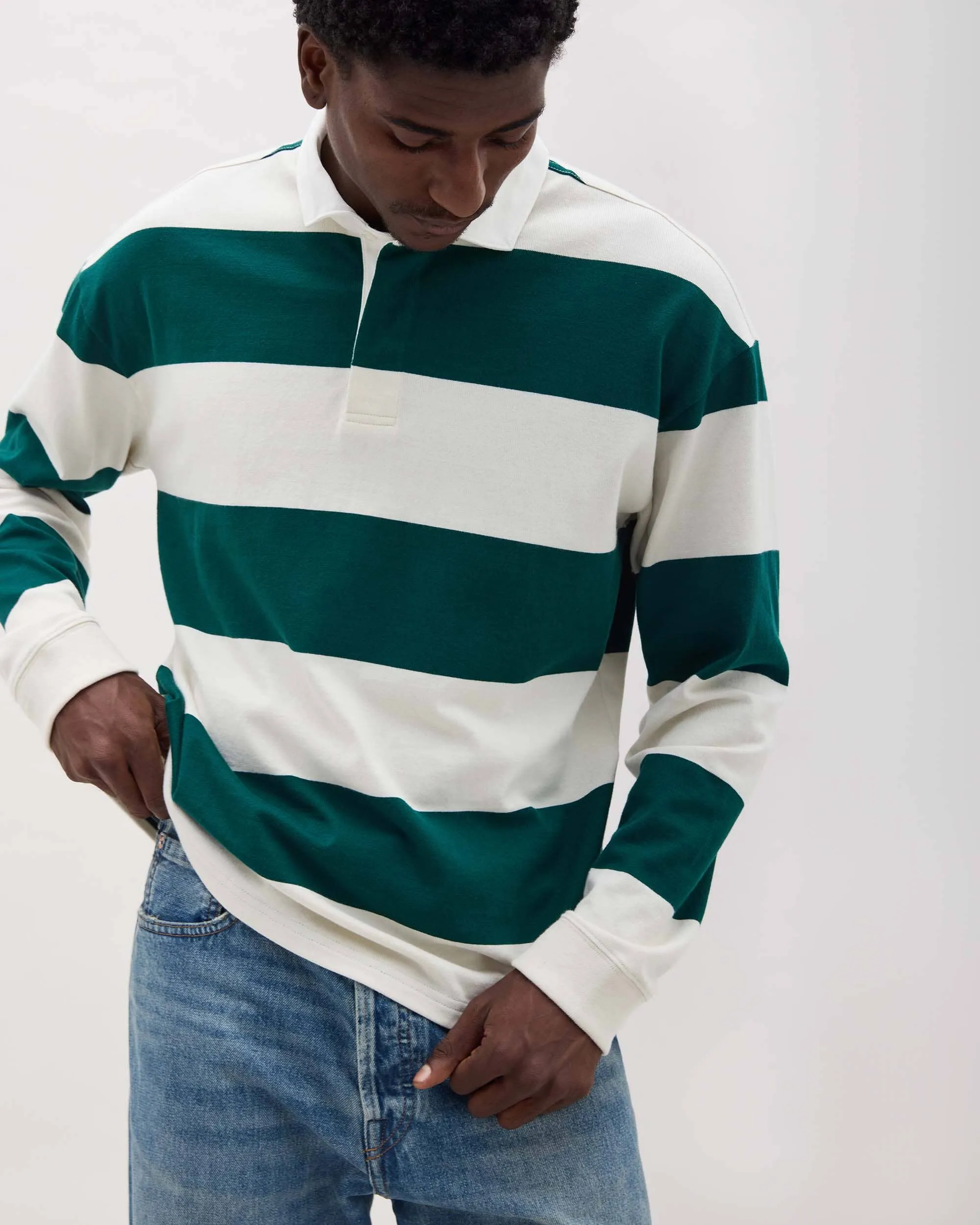 Mens Rugby Polo - Pima Cotton Jersey - Rainforest Bone Stripe sold by Andie product image thumbnail 3