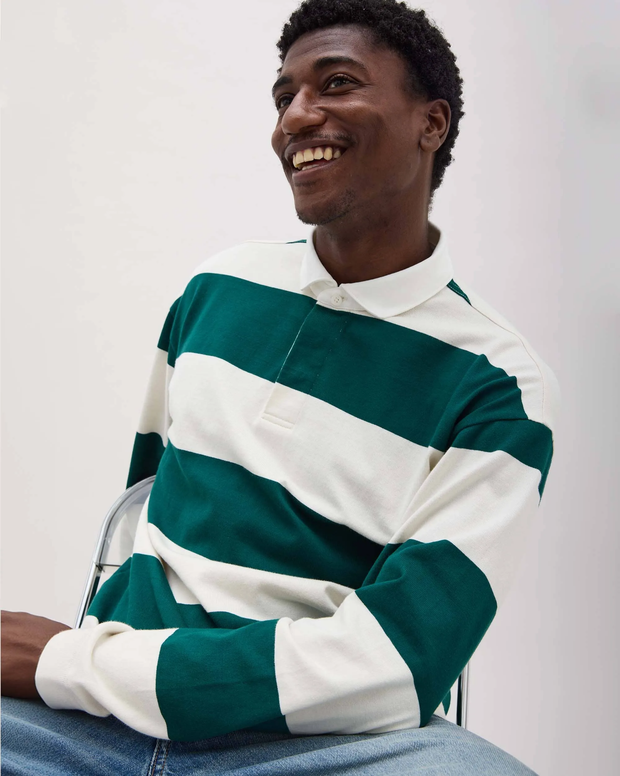 Mens Rugby Polo - Pima Cotton Jersey - Rainforest Bone Stripe sold by Andie product image thumbnail 4