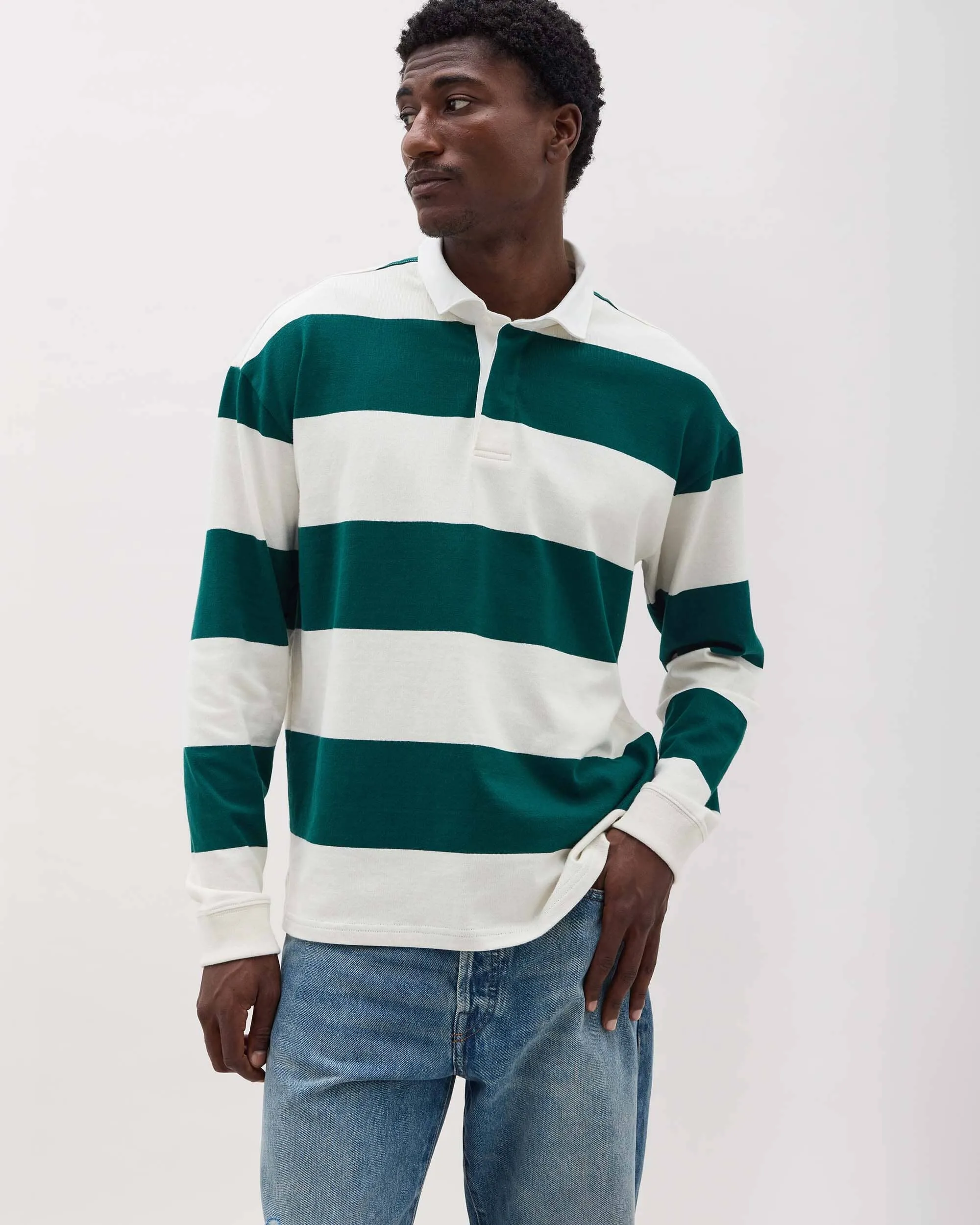 Mens Rugby Polo - Pima Cotton Jersey - Rainforest Bone Stripe sold by Andie