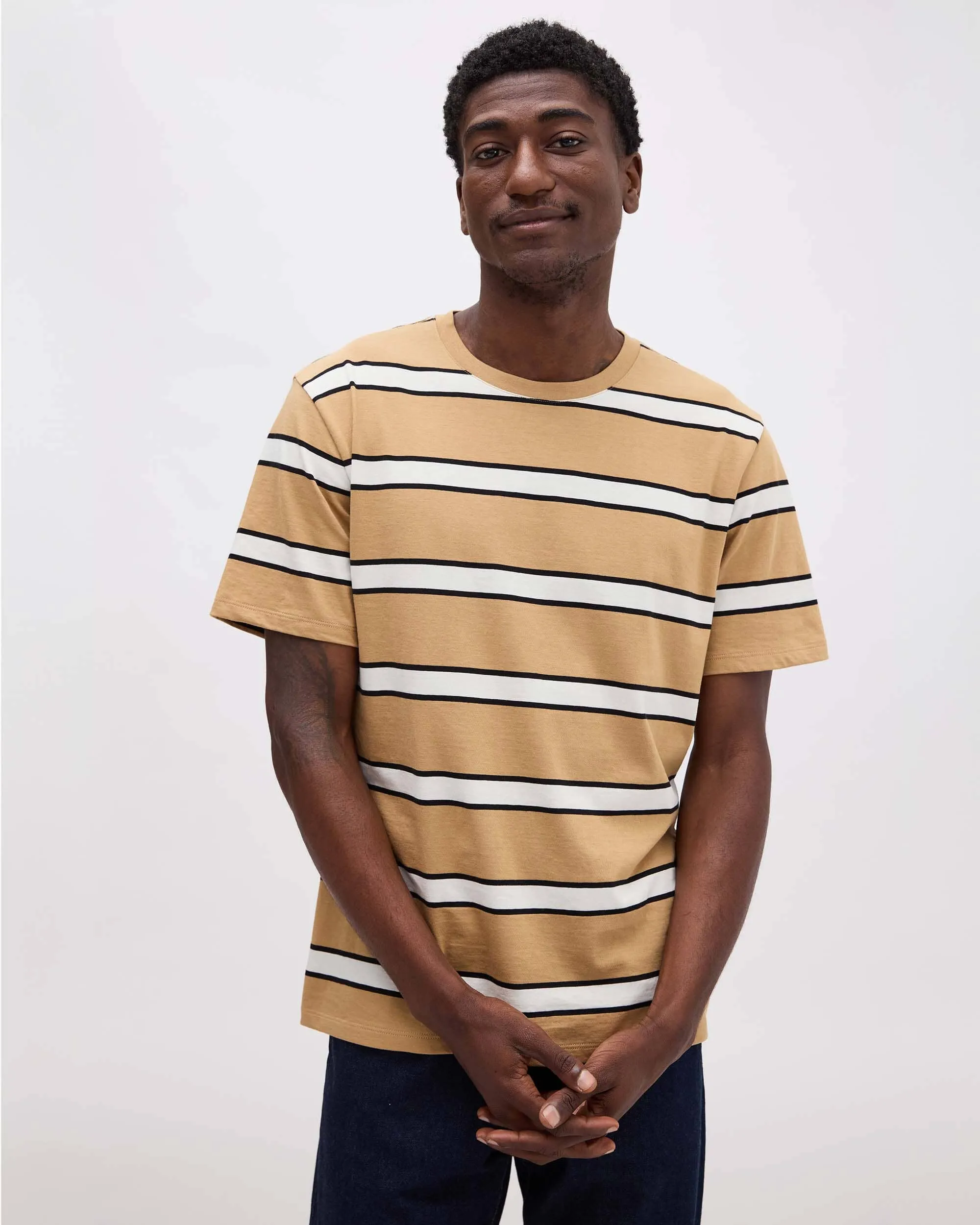 Mens Short Sleeve Stripe Pima Tee - Pima Cotton Jersey - Khaki Stripe sold by Andie