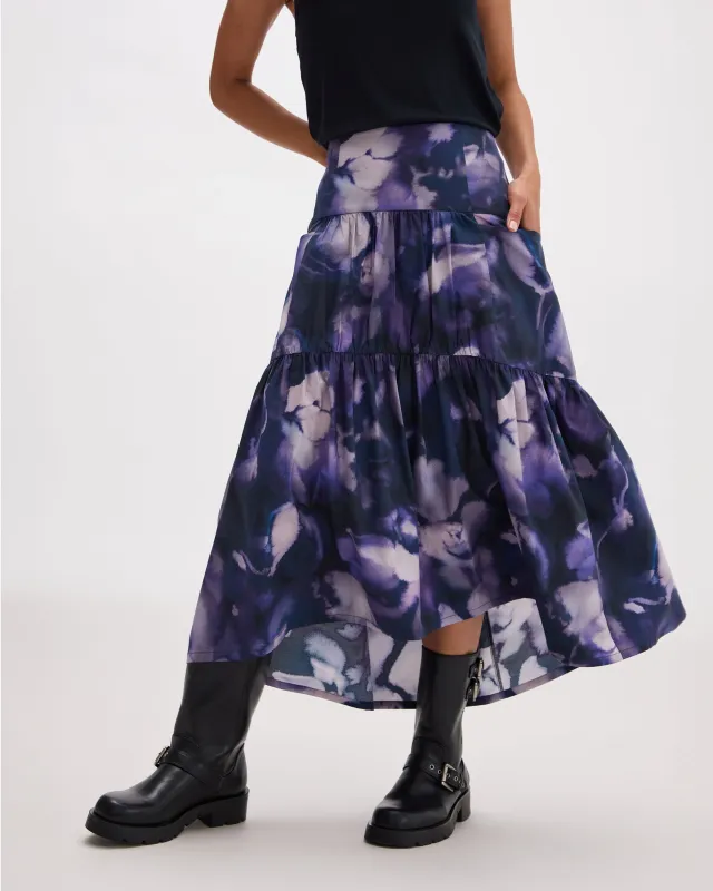 Womens Stevie Tiered Maxi Skirt - Cotton Poplin - Purple Ghost Floral sold by Andie