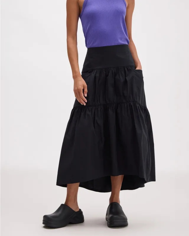 Womens Stevie Tiered Maxi Skirt - Cotton Poplin - Black sold by Andie