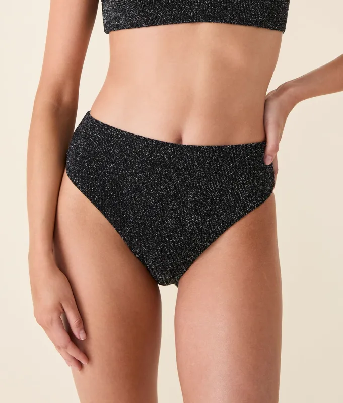 The 90s High Waist Bikini Bottom - Lurex Rib - Black Silver sold by Andie
