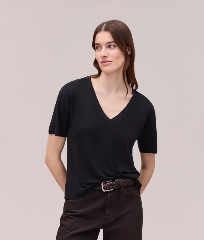 Womens Linen Jersey V Neck Tee - Linen Jersey - Black made by Richer Poorer