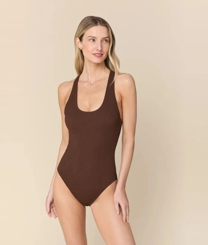 The Tulum One Piece - Seersucker Wave - Walnut - Classic made by Andie