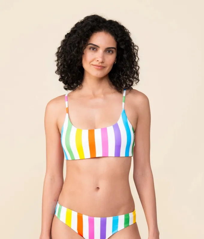 The Maui Bikini Top - Eco Nylon - Rainbow Wide Stripe made by Andie