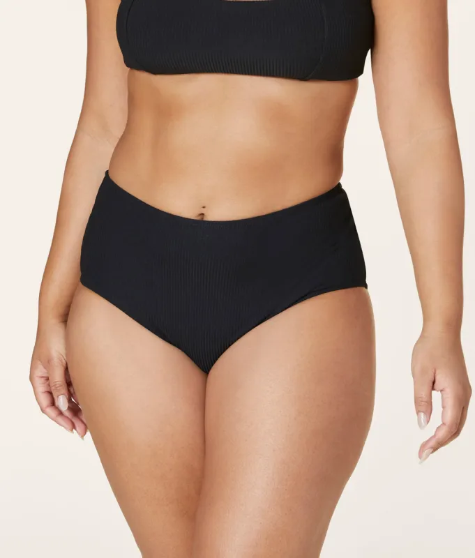 The High Waist Bikini Bottom - Eco Ribbed - Black sold by Andie