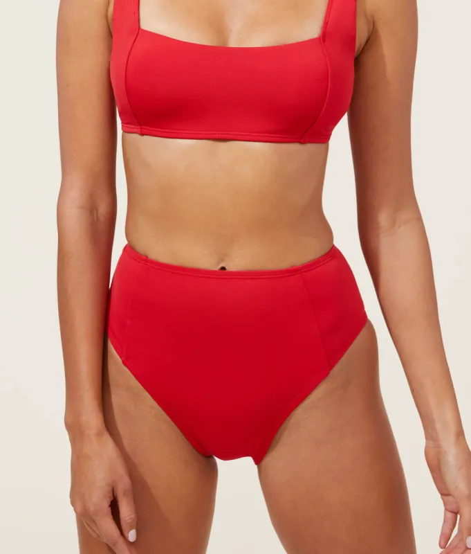 The High Waist Cheeky Bikini Bottom - Eco Nylon - Cherry Red sold by Andie