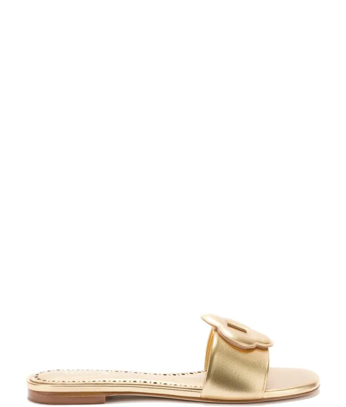 Flora Flat Mule In Gold Metallic Leather made by Larroude