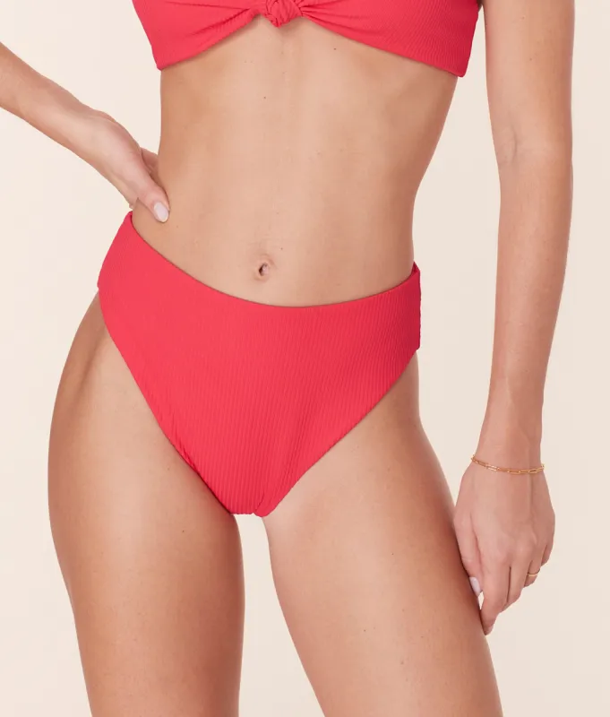 The 90s High Waist Bikini Bottom - Eco Ribbed - Hibiscus sold by Andie