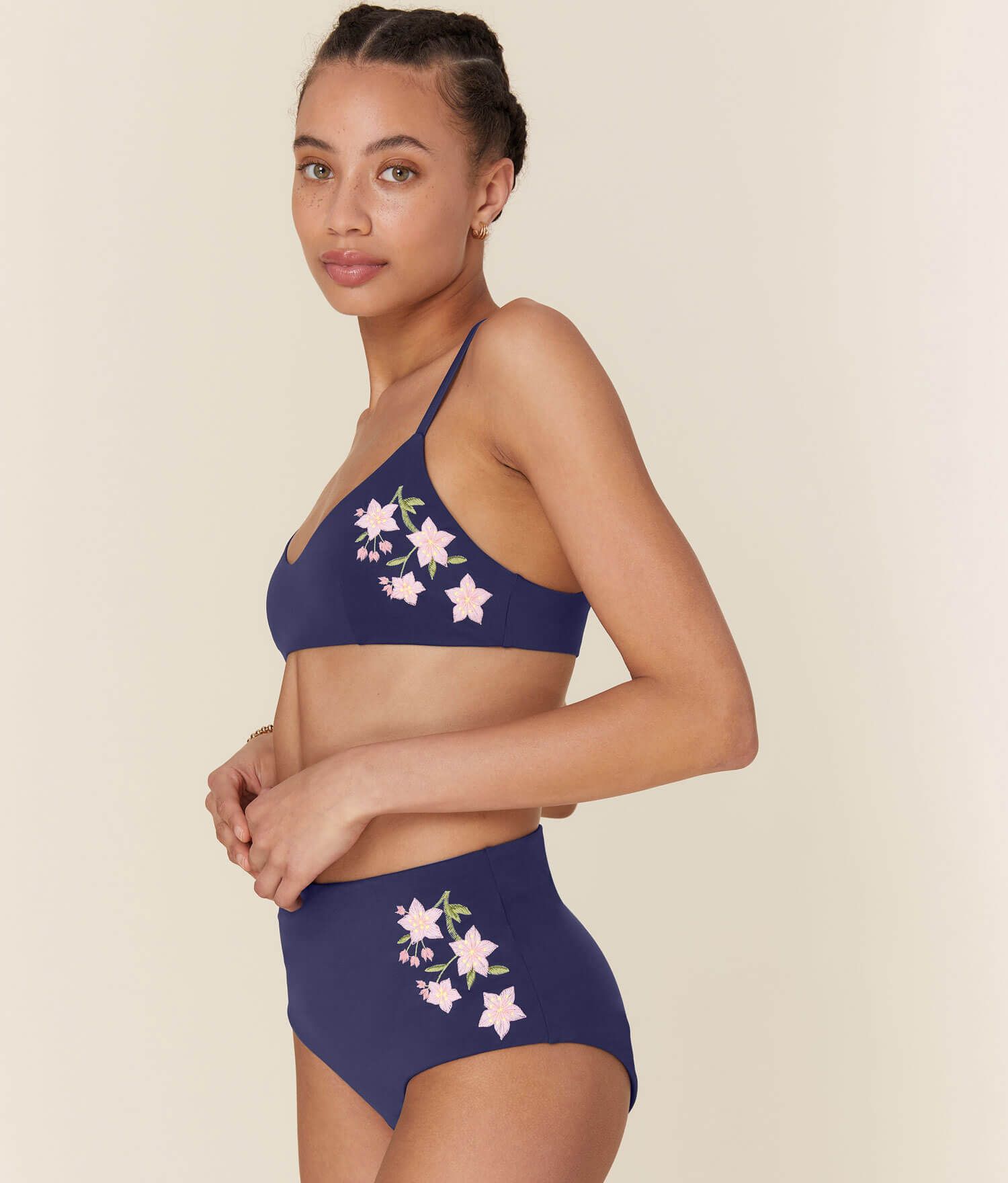 The High - Waisted - Bottom - Eco Nylon - Embroidered Navy sold by Andie product image thumbnail 4