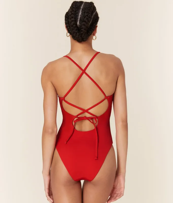 The Fiji One Piece - Eco Nylon - Cherry Red - Long Torso sold by Andie