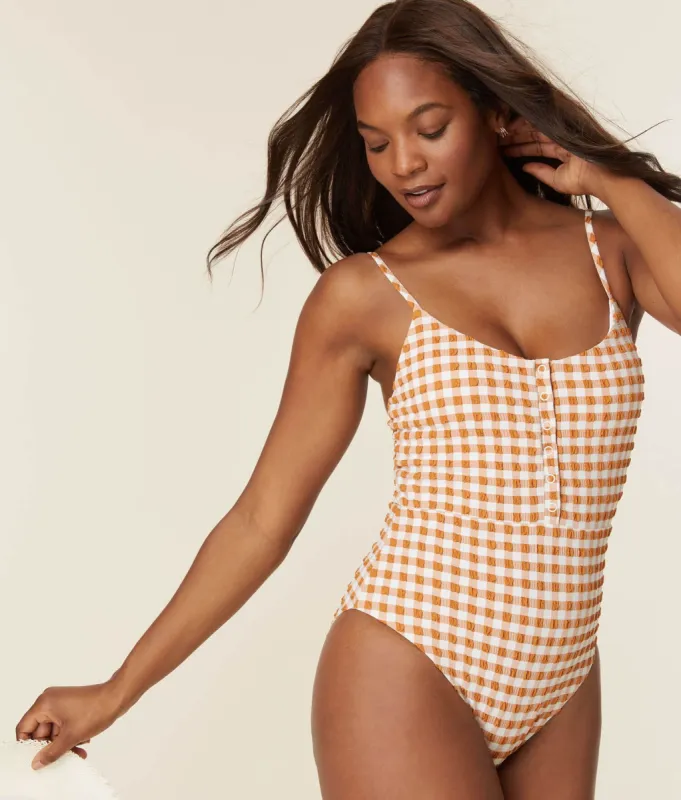 The Snap One Piece - Gingham - Sparrow - Long Torso sold by Andie