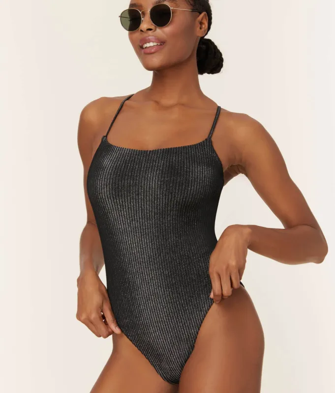 The Fiji One Piece - Ribbed Glitter - Black - Long Torso sold by Andie