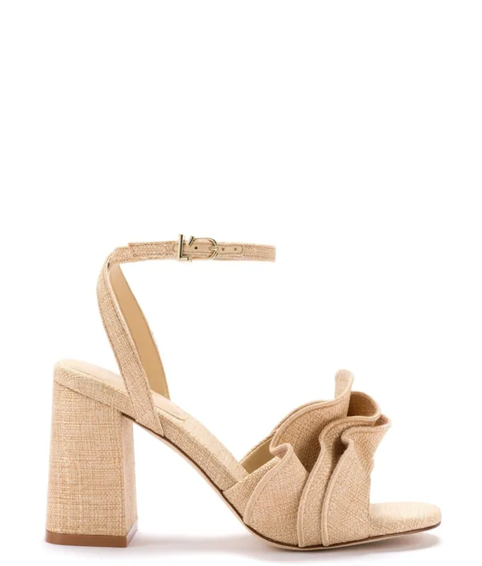 Selena Ruffle Sandal In Beige Raffia sold by Andie