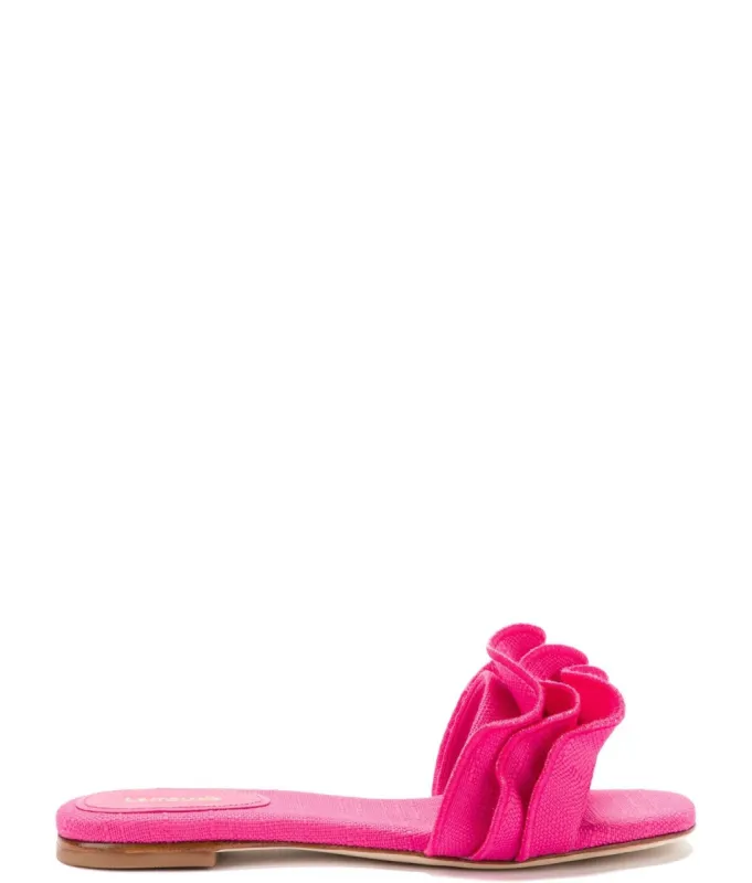 Ivy Ruffle Flat Mule In Pink Raffia made by Andie