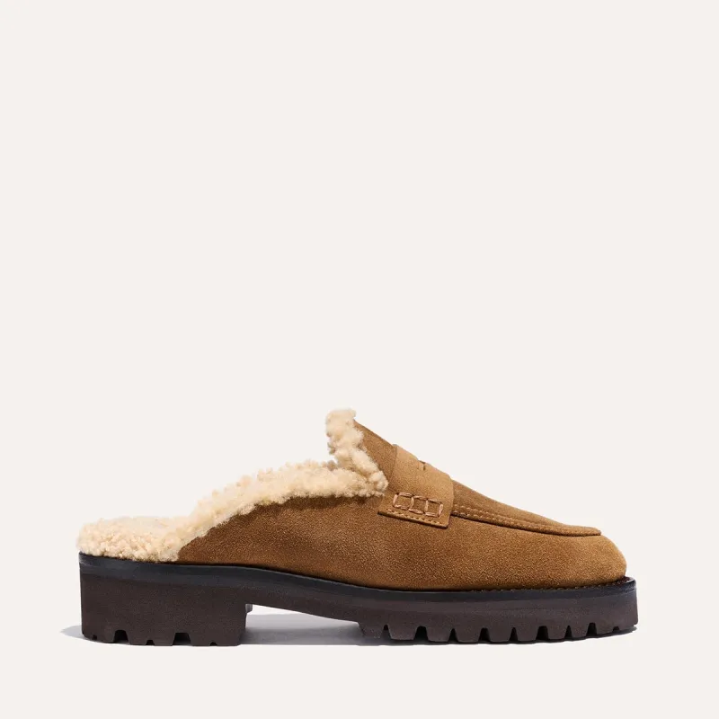 The Marlowe Mule - Walnut Suede and Shearling sold by Margaux