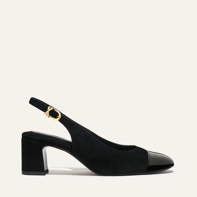 The Cluny Slingback - Black Suede and Patent made by Margaux