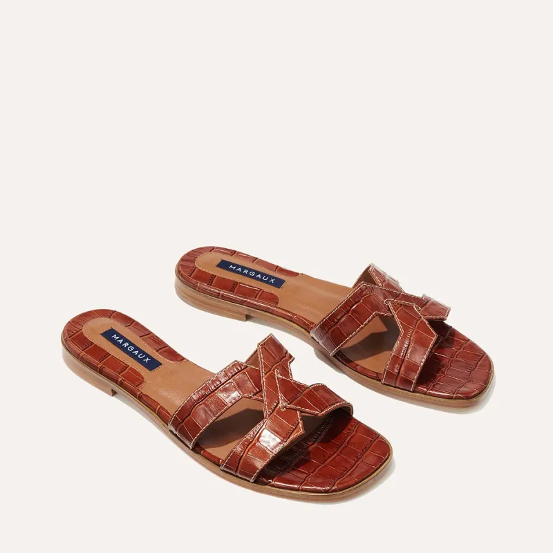 The MX Sandal - Mahogany Croc Embossed made by Margaux