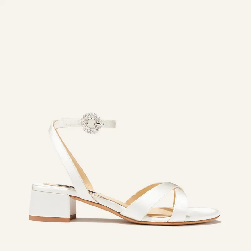 The Lena Sandal - Ivory Satin with Crystal Buckle sold by Margaux
