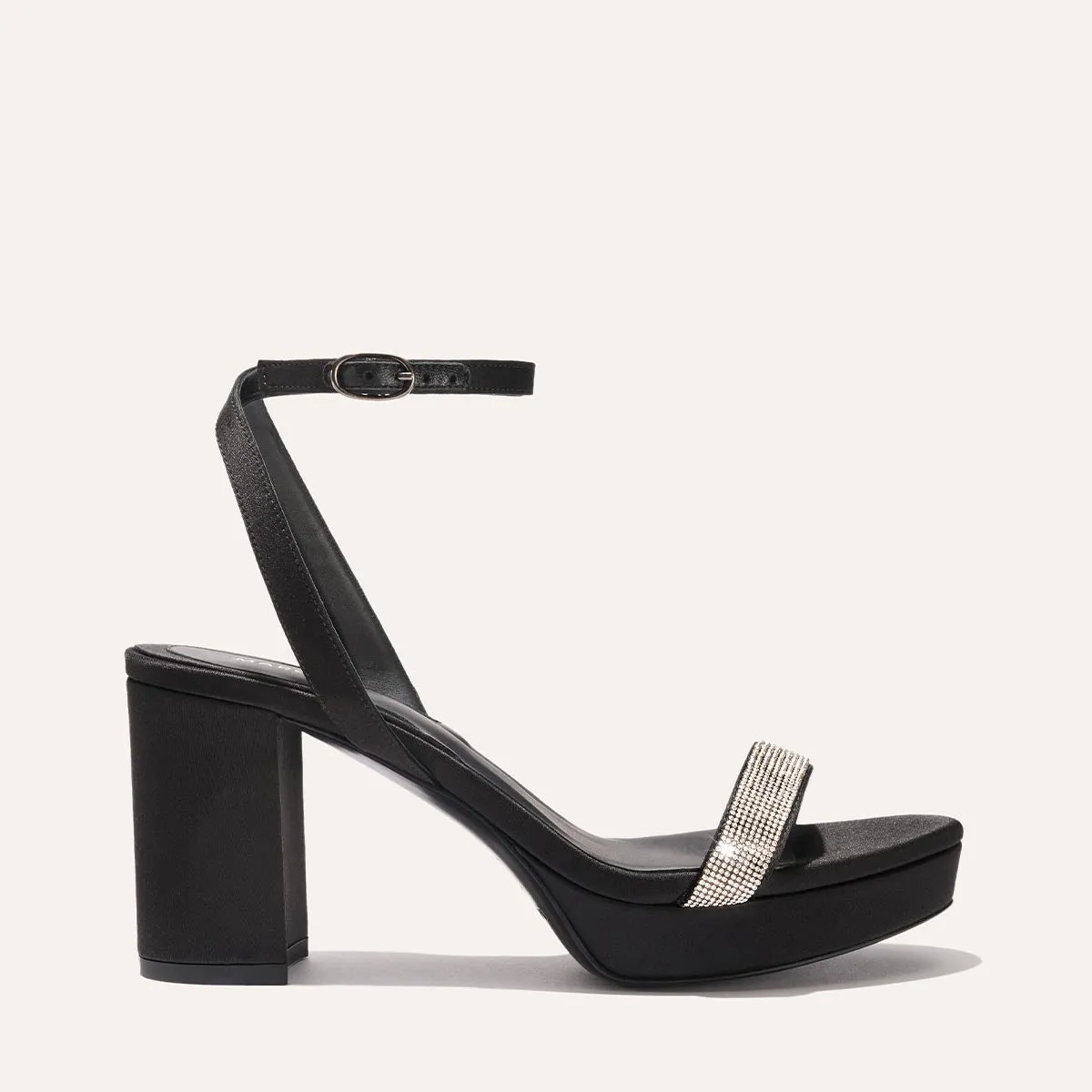 The Stella Platform - Black Satin with Crystals sold by Margaux