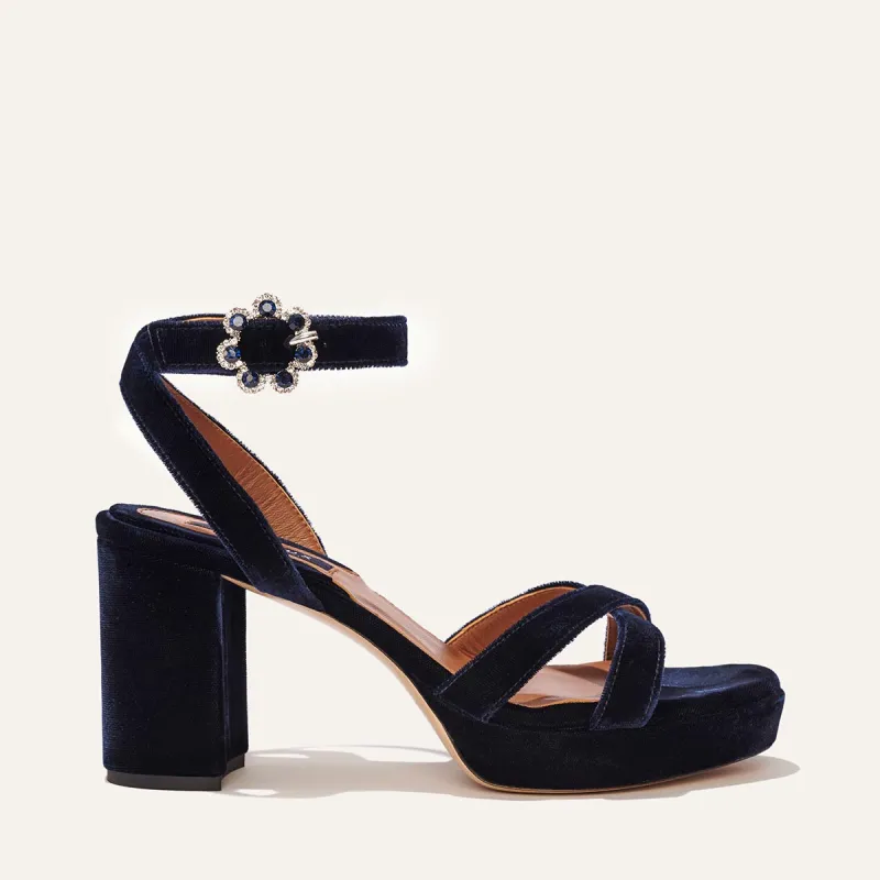 The Platform Sandal - Midnight Blue Velvet sold by Margaux