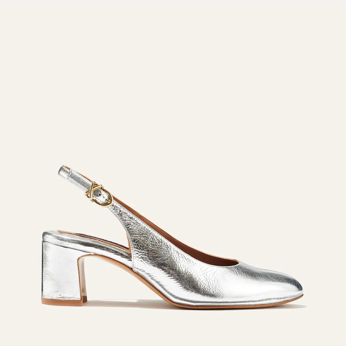 The Cluny Slingback - Silver Crinkle Mirror sold by Margaux