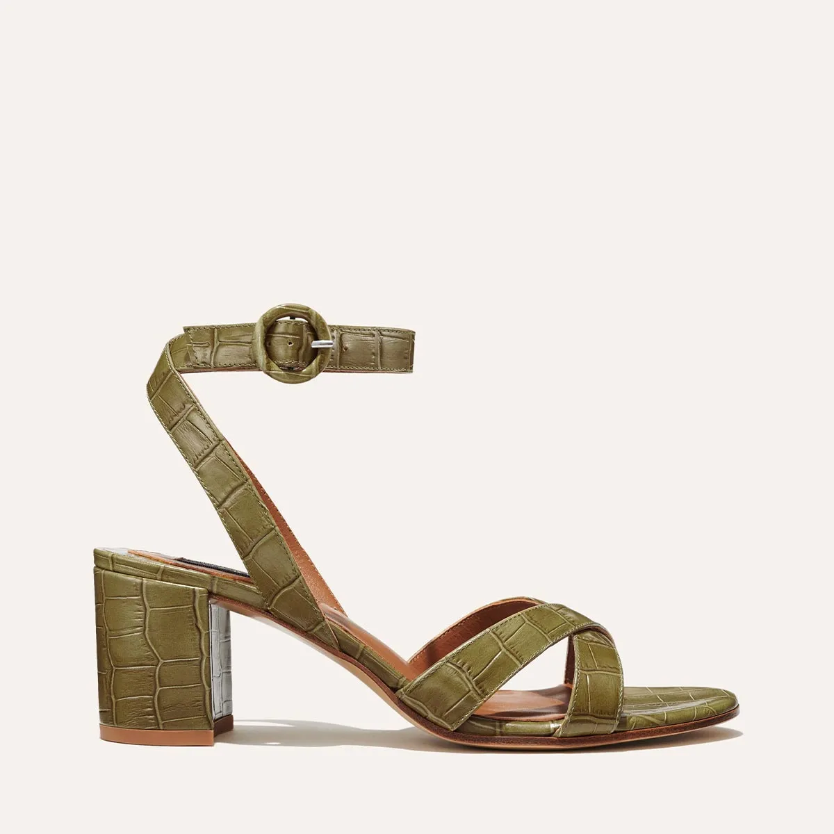The City Sandal - Olive Croc Embossed sold by Margaux