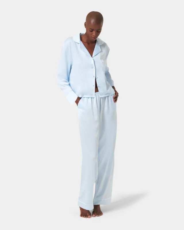 Sara Luxury Satin Long Set Ice Water Blue/White sold by Bluebella