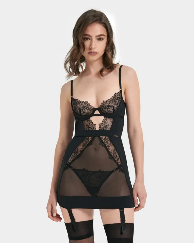 Alanna Wired Longline Basque Black sold by Bluebella