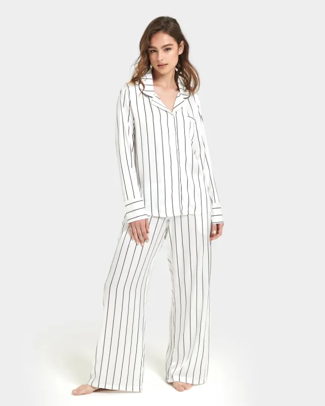 Beau Luxury Satin Long Pyjama Set White/Black sold by Bluebella