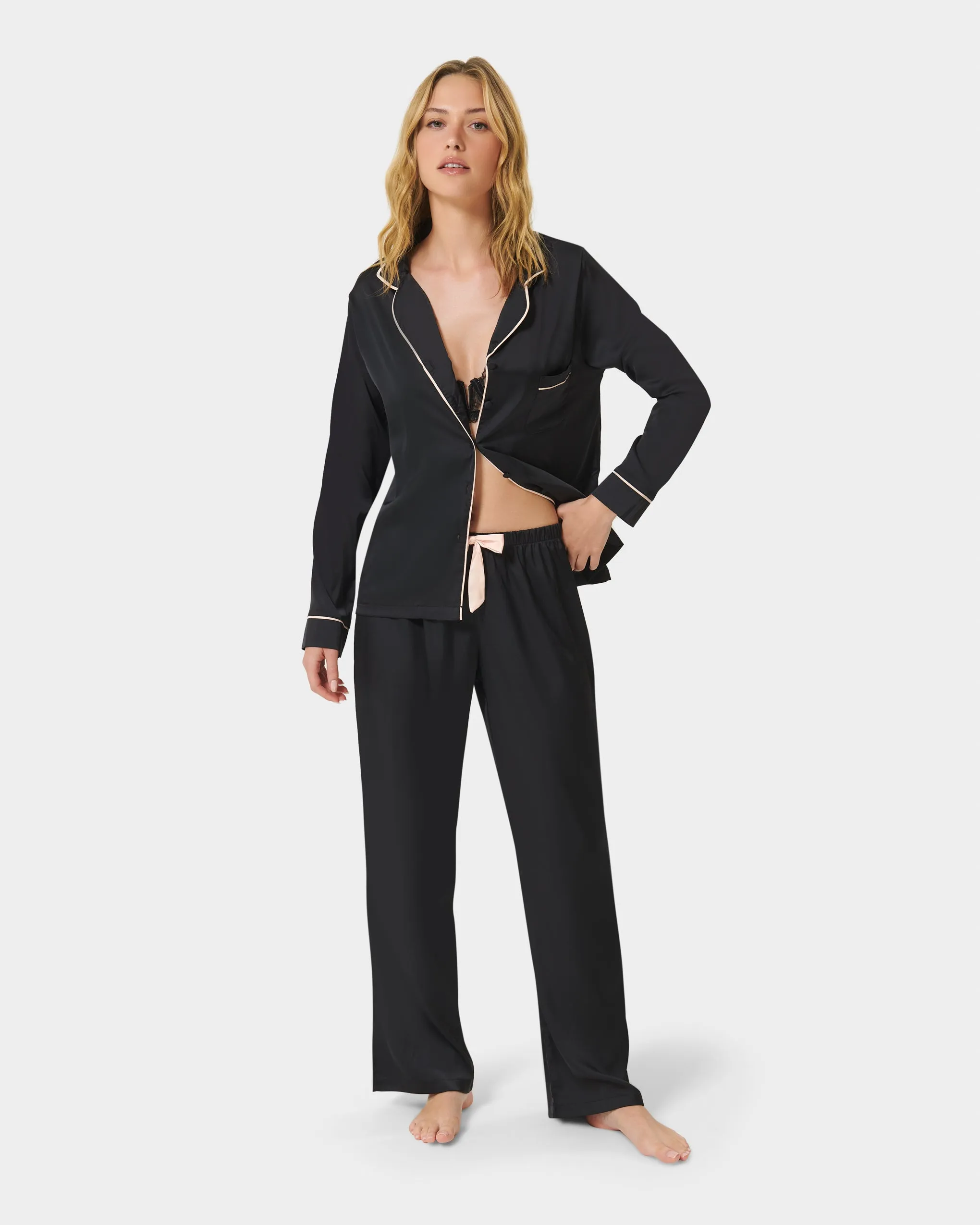 Claudia Shirt and Trouser Set Black/Pale Pink sold by Bluebella