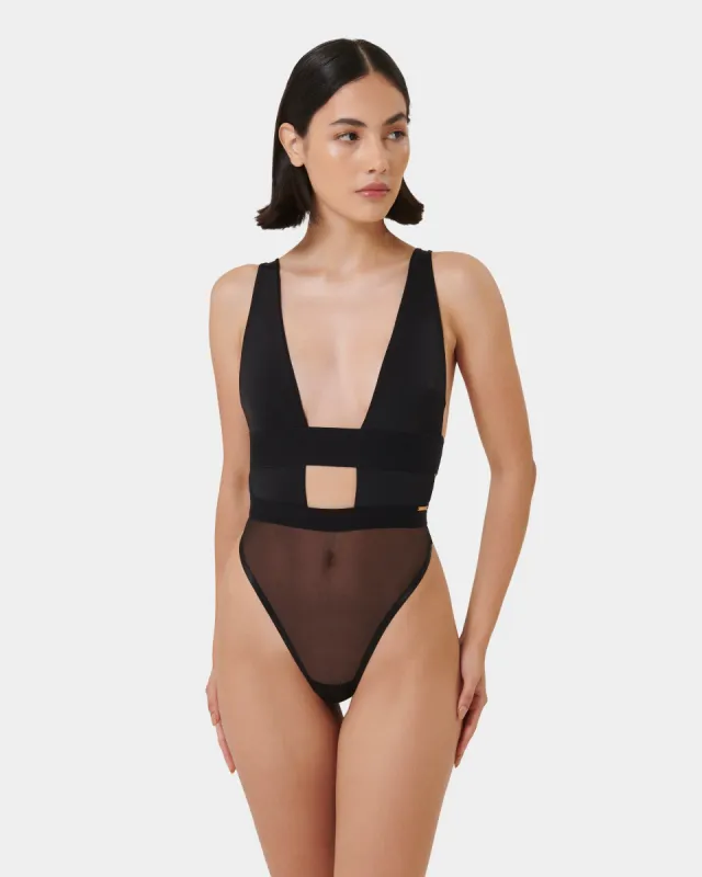 Topaz Strappy Sheer Bodysuit Black sold by Bluebella