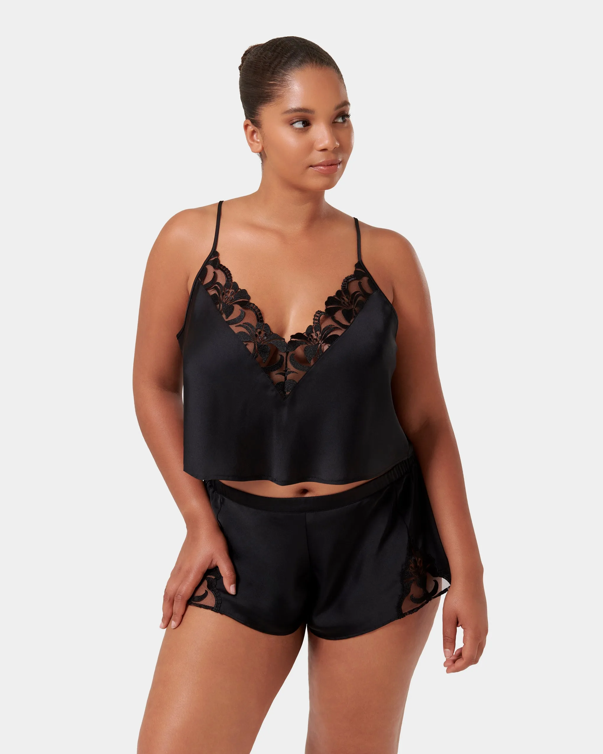 Leonora Luxury Satin Cami and Short Set Black sold by Bluebella