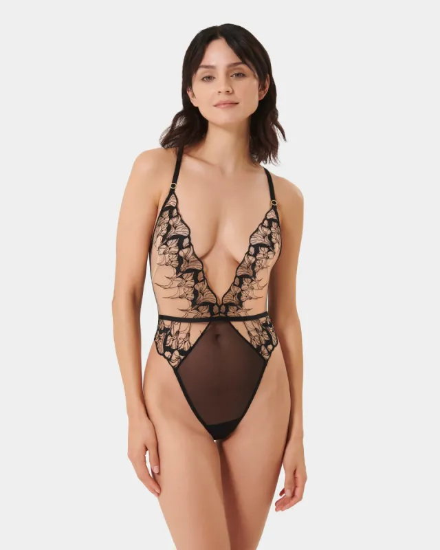 Kalmia Embroidered Sheer Bodysuit Black sold by Bluebella