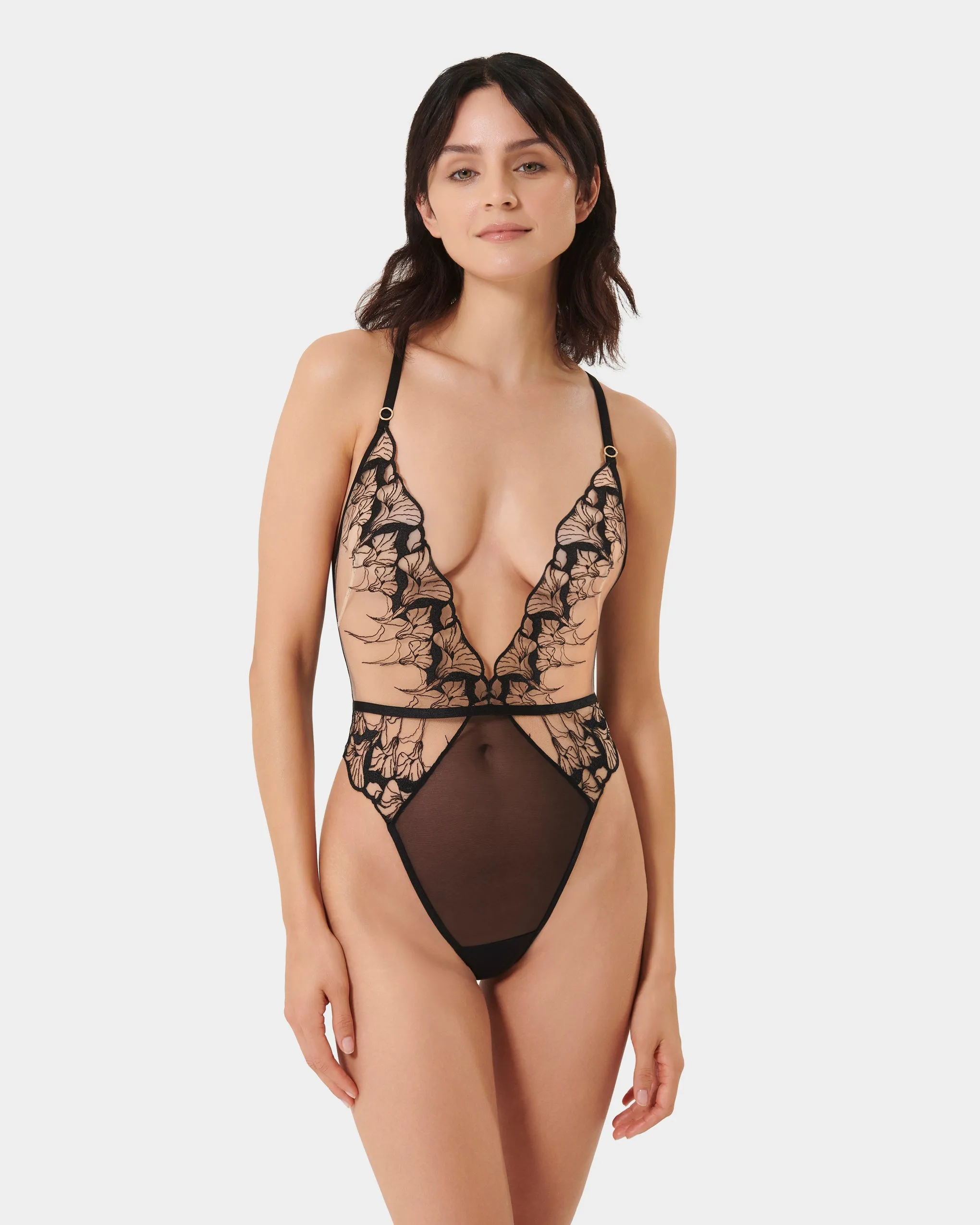 Kalmia Embroidered Sheer Bodysuit Black sold by Bluebella