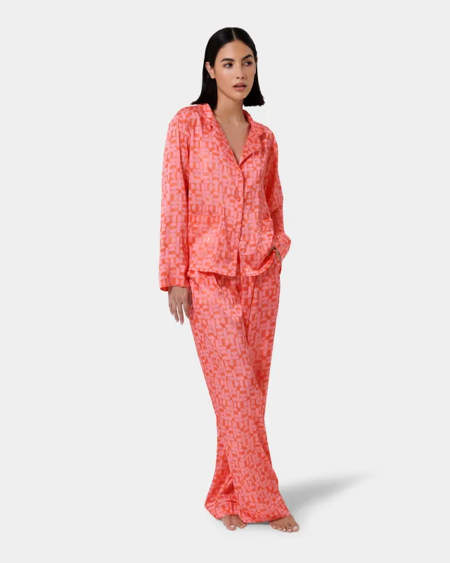 Tabitha Luxury Satin Long Pyjama Set Hot Coral/Dianthus Pink made by Bluebella