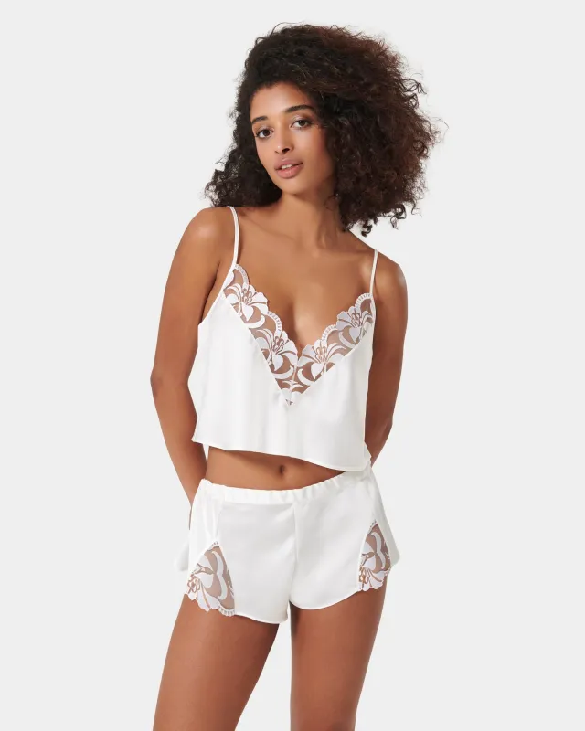 Leonora Luxury Satin Cami and Short Set White/Sheer sold by Bluebella