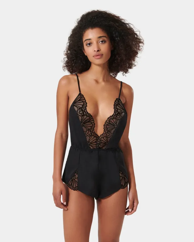 Genevieve Luxury Satin Teddy Black/Sheer sold by Bluebella