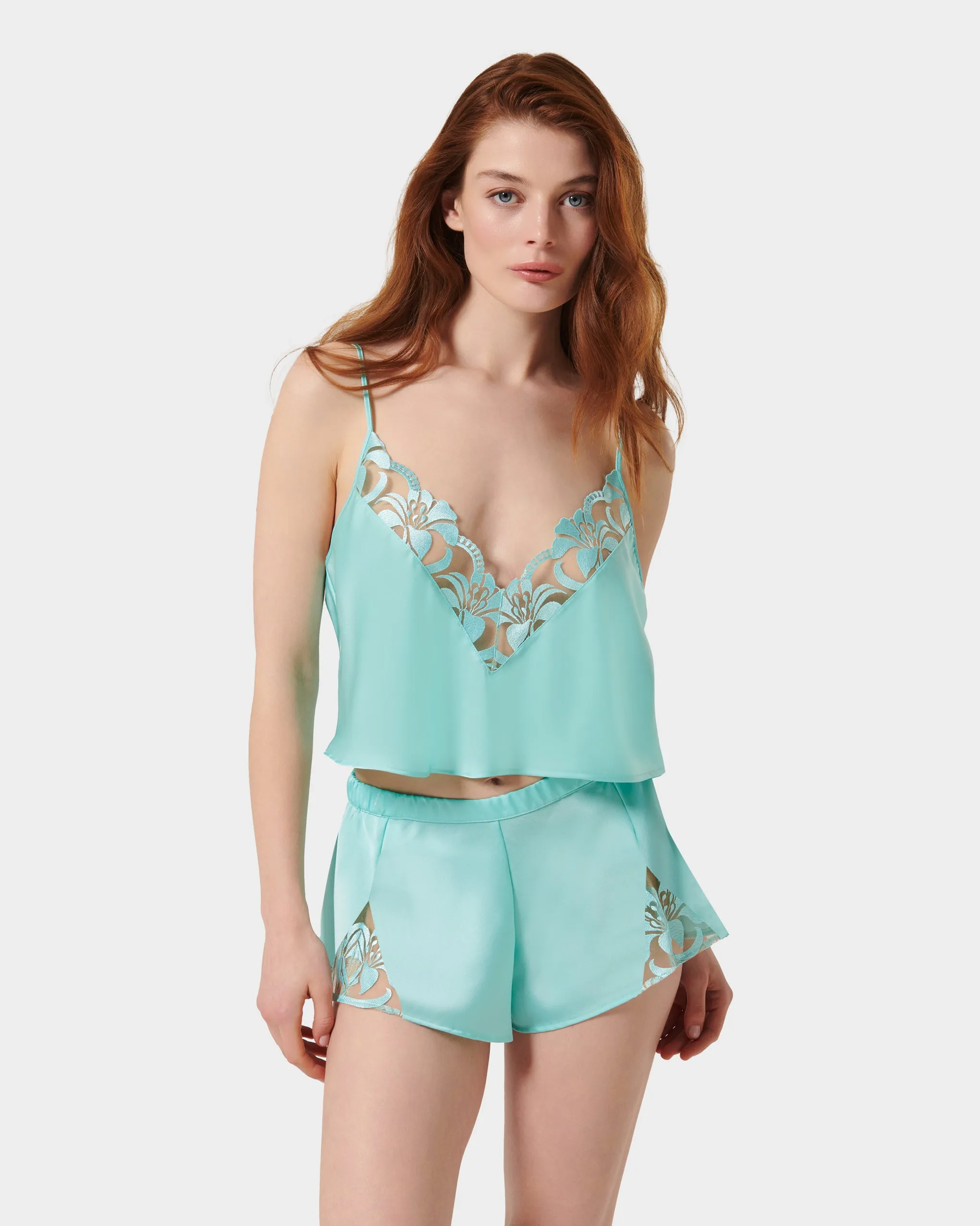 Leonora Luxury Satin Cami and Short Set Island Paradise Blue/Sheer sold by Bluebella